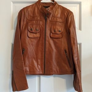 NWOT-Brown Genuine Cowhide Leather Jacket with Front Pkts & Sleeve Zpr. Fits M